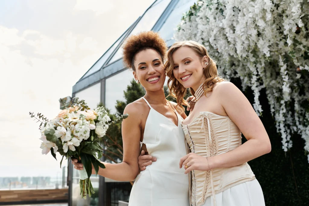Two happy brides with their arms around each other smile at the camera on their big day