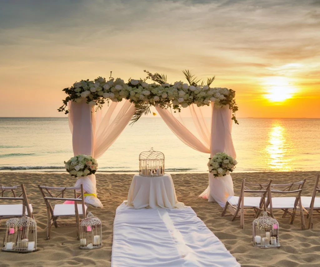A wedding arch and alter on the beach facing the ocean with the setting sun behind it