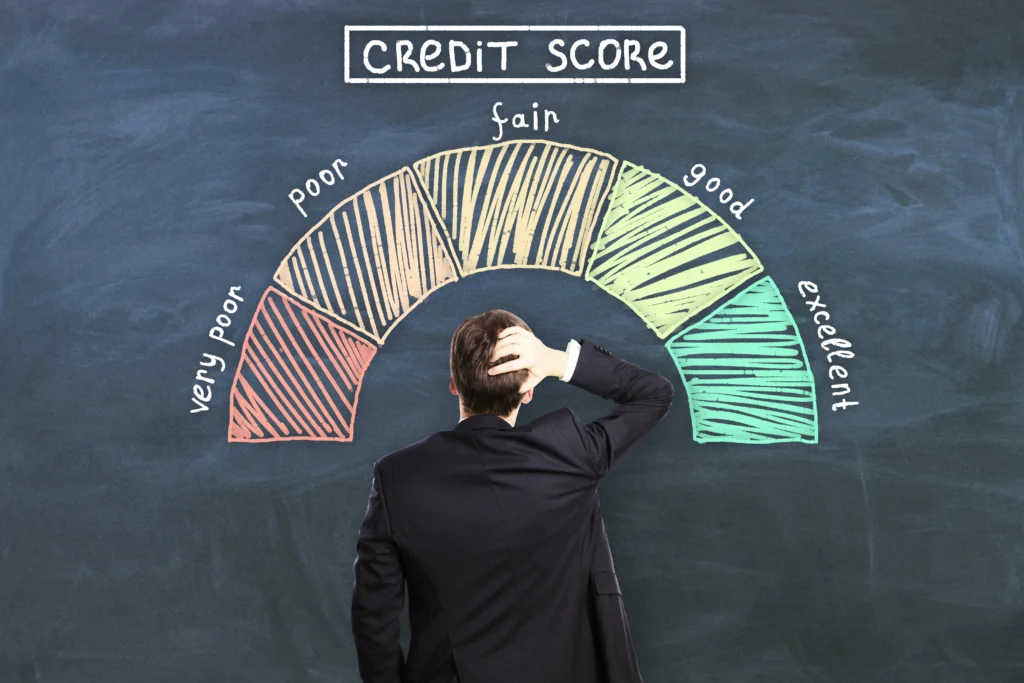Man looks at chalkboard with credit score ratings